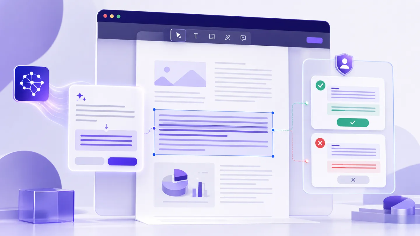Illustration of an AI PDF editing proposal moving through a human accept-or-reject review