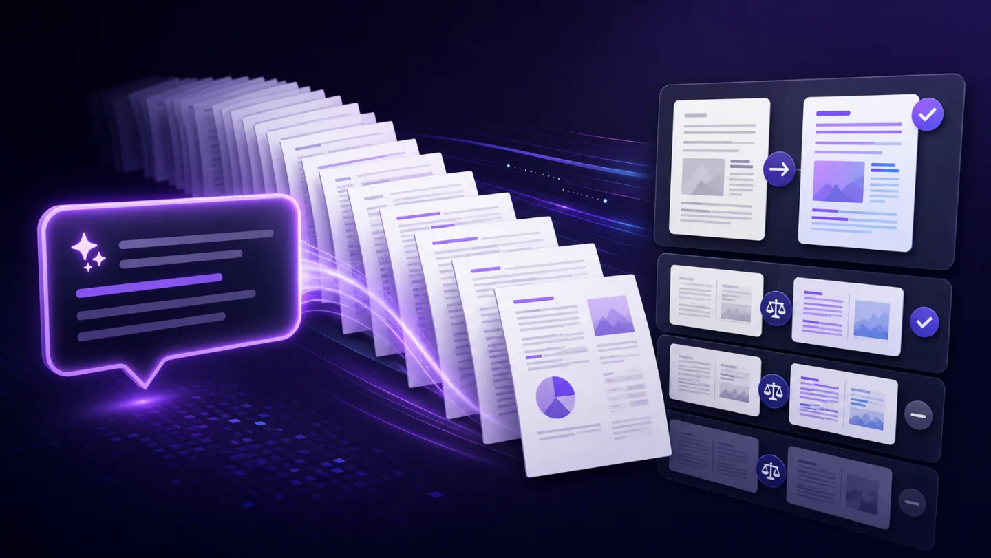 Illustration of an AI command applied across many PDF pages with review cards