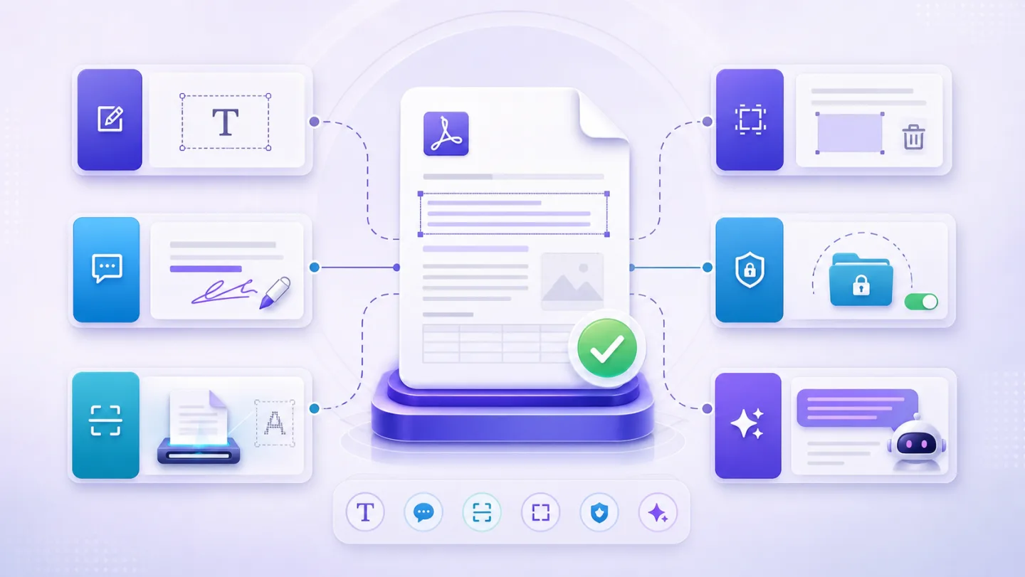Illustration of a PDF surrounded by editing, annotation, OCR, privacy, object removal and AI workflow choices