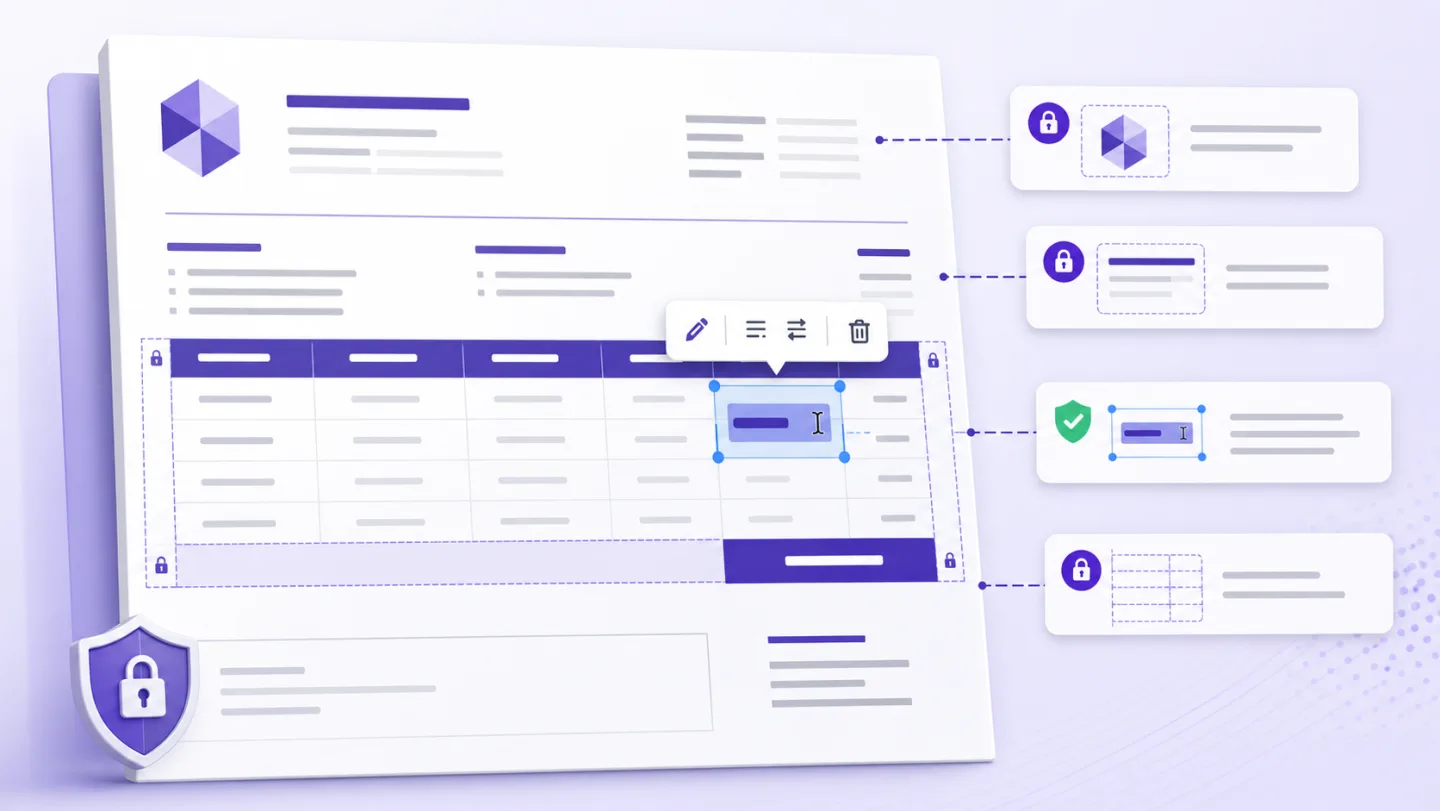 Illustration of one editable invoice field while table and logo elements remain aligned