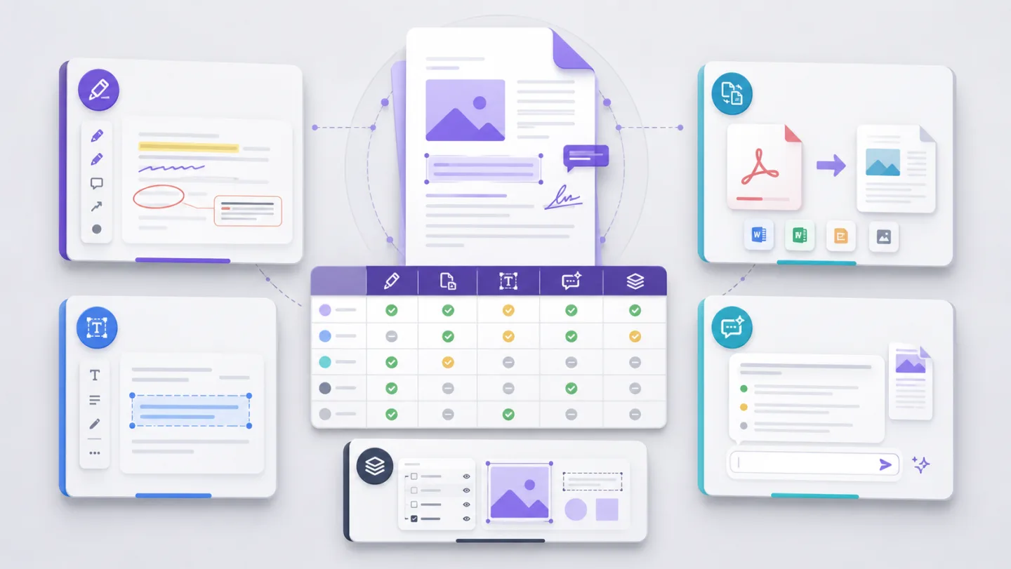 Neutral illustration comparing several generic PDF editing workflows