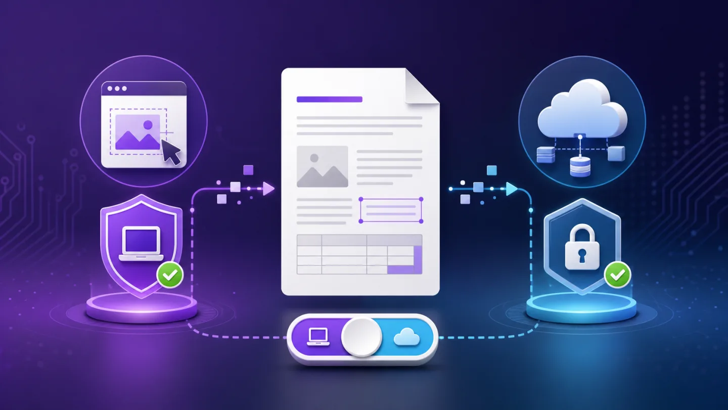 Illustration comparing browser-local PDF editing with an optional cloud-processing path
