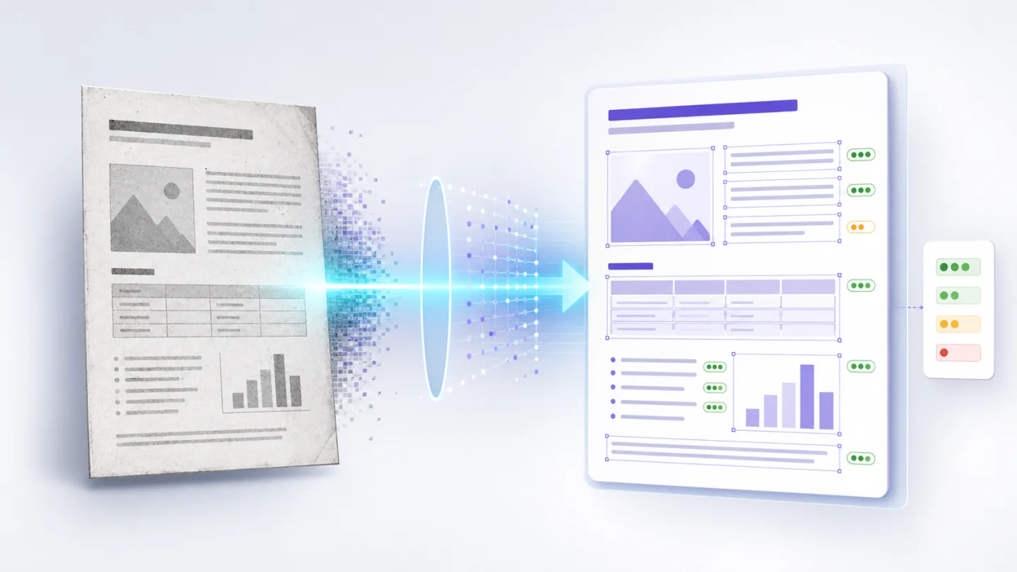 Illustration of a scanned page passing through OCR into selectable document blocks