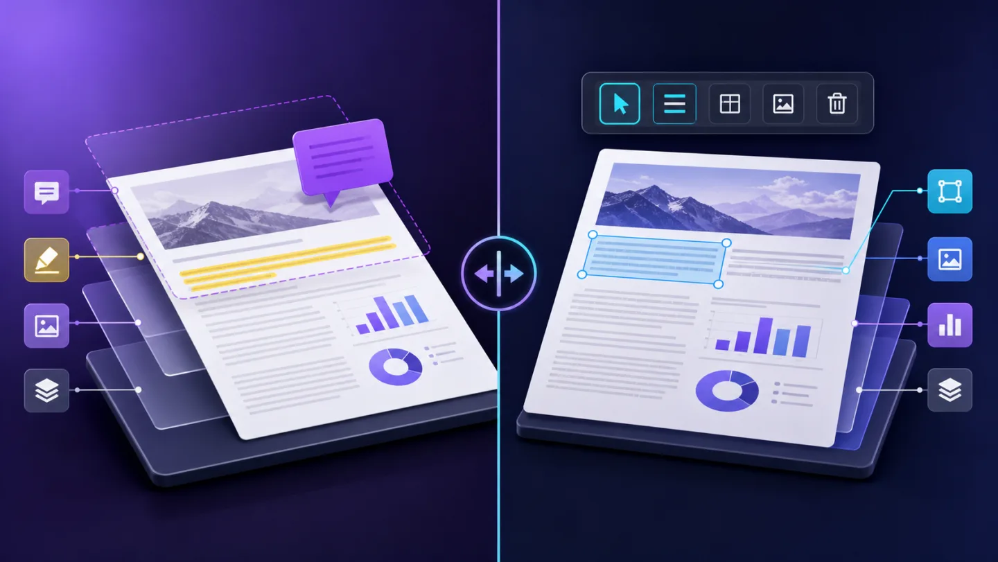 Side-by-side illustration of PDF annotations and direct original-content editing