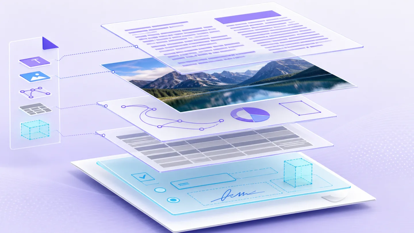 Exploded illustration of separate text, raster image, vector and table layers inside one PDF page