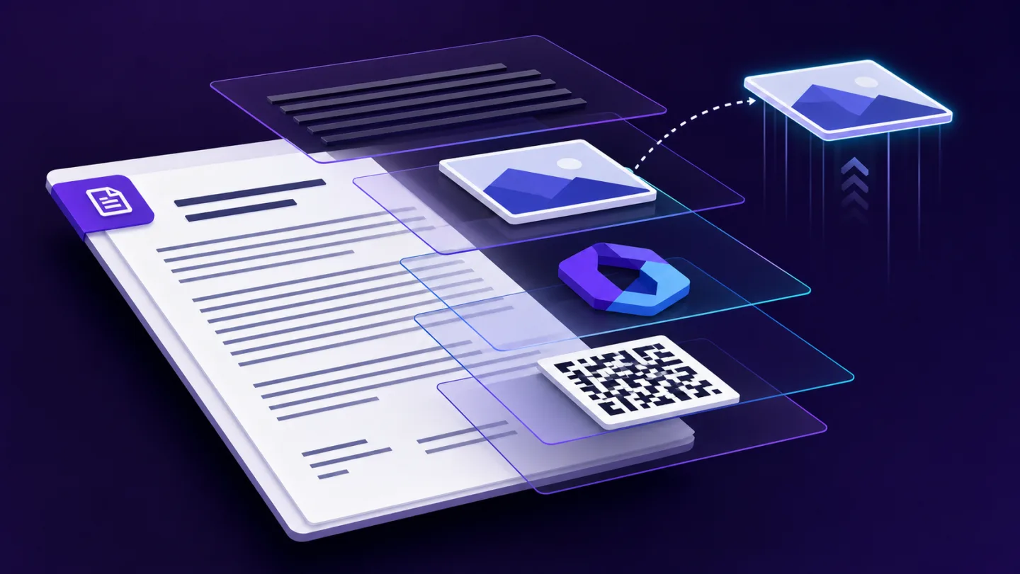 Illustration of separate text, image, vector and matrix-code layers inside a PDF