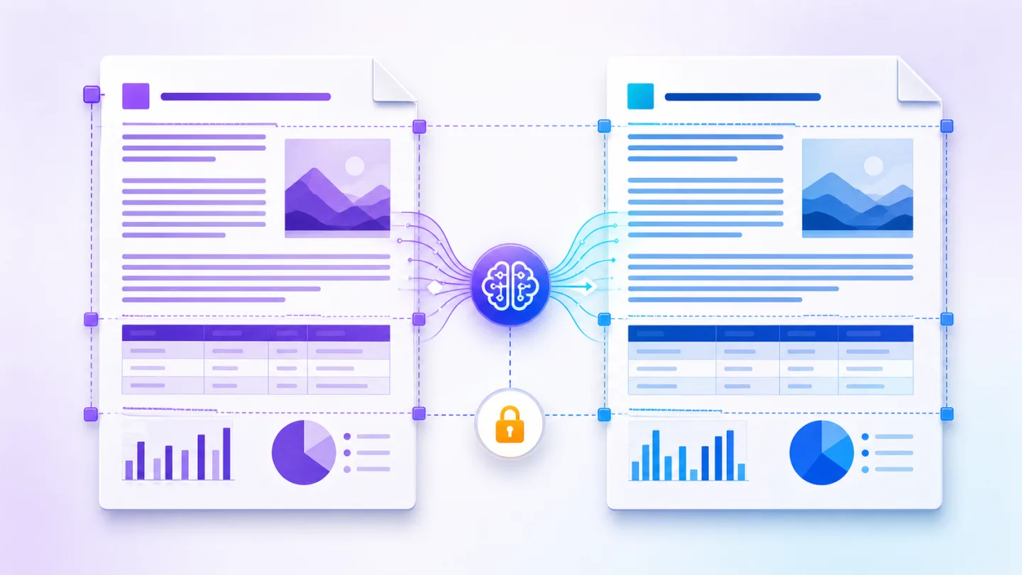 Illustration of two translated PDF pages with matching layout geometry
